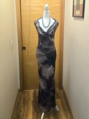 Windsor Brown Floral Cowl-Neck Mesh Maxi Dress. Size S-M